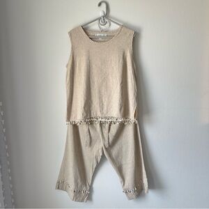 Caroline Rose// Boho Linen top and pants Set up seashell charms Y2K Size L